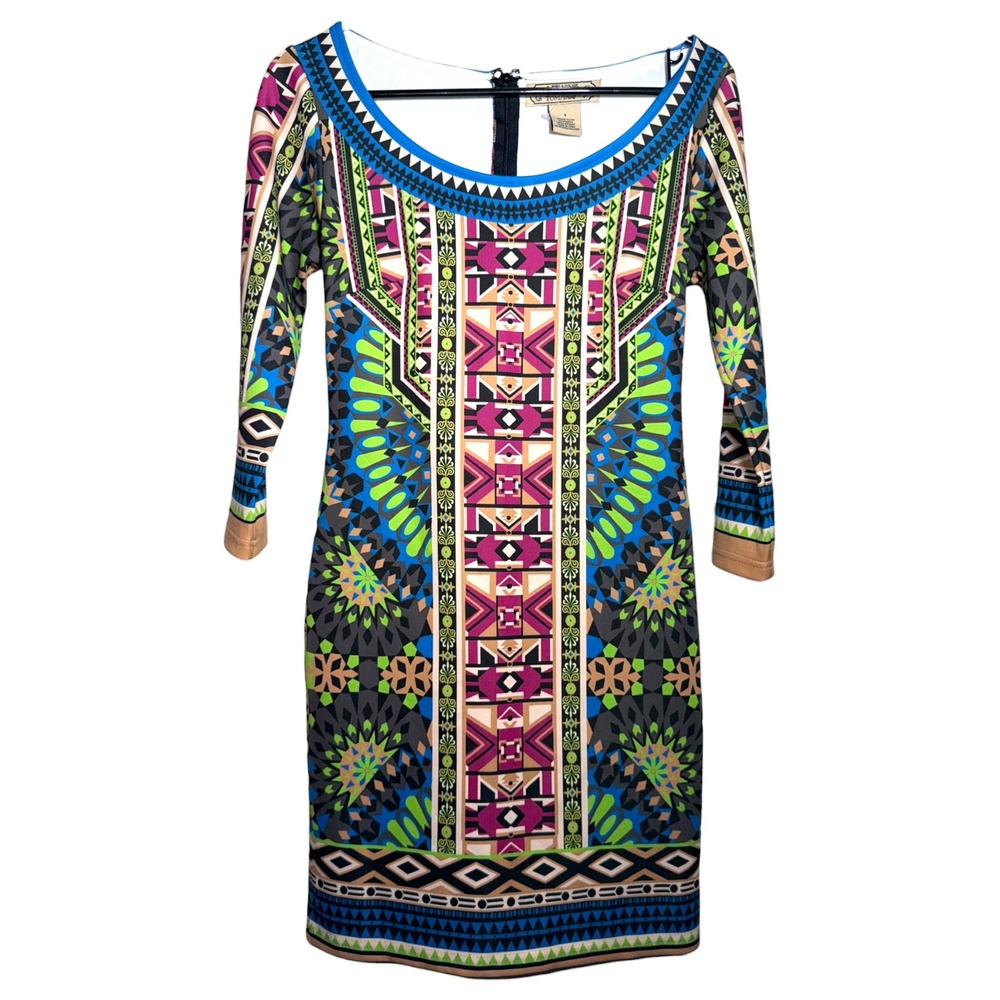 Flying‎ Tomato Geometric Bodycon Dress Small Tribal Boho Print 3/4 Sleeve